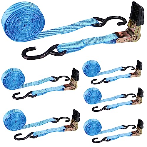 6 Pcs 1 Inch Heavy Duty 20ft Tie Down Straps with Hooks, 2200 LBS Break Strength, Cargo Ratchet Straps for Motorcycle, Appliances, Equipment - color: Blue