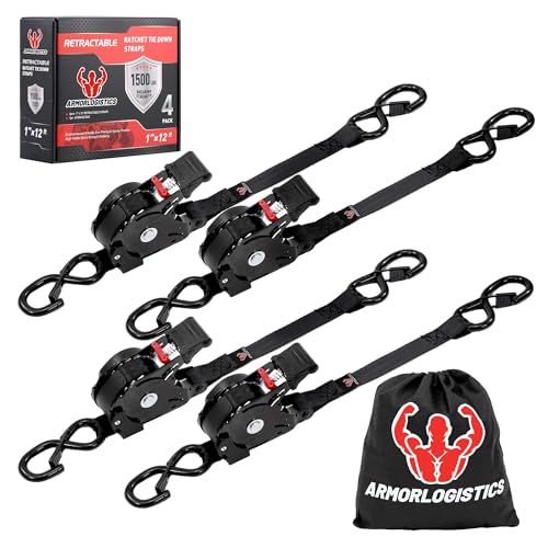 Retractable Ratchet Straps 4 Pack, 1500LBS Break Strength Self Retracting Tie Down Straps, 1" x 12' Auto Ratchet Straps for Motorcycle, Kayak and Trucks, Black - color: Black