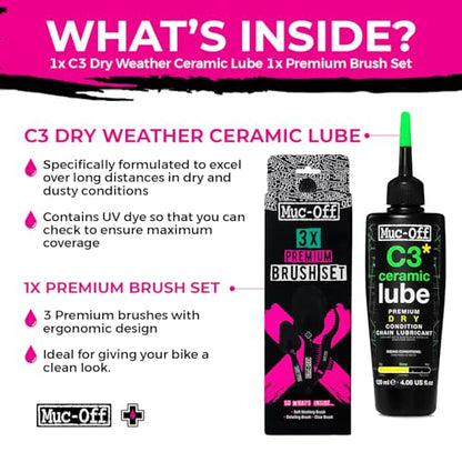 Muc-Off C3 Ceramic Dry Chain Lube 120ml + 3X Premium Bike Brush Set | Premium Bike Chain Lubricant with UV Tracer Dye | Ideal for Dry and Dusty Conditions - size: 120ml + 3 Brush Set