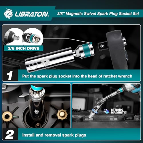 LIBRATON 8PCS 3/8"Dr. Magnetic Spark Plug Socket Set, Include Gapper & Extension Bar, Swivel Head Thin Wall (5/8" 9/16" 14mm 16mm), 6&12 Point for Truck Motorcycle Auto Repair, w/4",6",10", CR-V