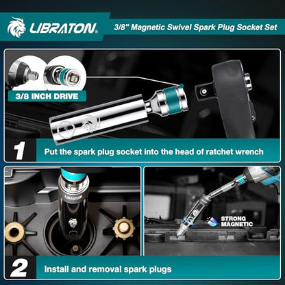 LIBRATON 8PCS 3/8"Dr. Magnetic Spark Plug Socket Set, Include Gapper & Extension Bar, Swivel Head Thin Wall (5/8" 9/16" 14mm 16mm), 6&12 Point for Truck Motorcycle Auto Repair, w/4",6",10", CR-V