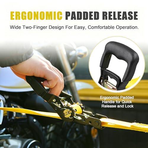 AWELCRAFT Ratchet Straps Heavy Duty 4 Pack,4500lbs Breaking Strength,1.5in×15ft Tie Down Ratcheting Strap with Padded Handles, Double J Hooks & Soft Loops for Motorcycle,Trailer & Trucks (Yellow) - color: Yellow