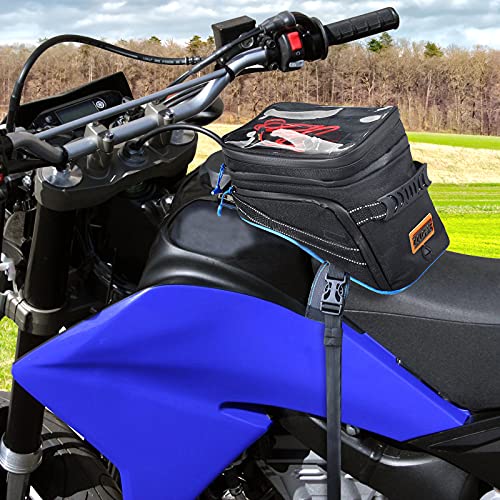 Motorcycle Tank Bag w/Strap Storage Bag Compatible with Honda Yamaha Suzuki Kawasaki Harley Water Resistant (Blue Piping) - color: Blue Piping