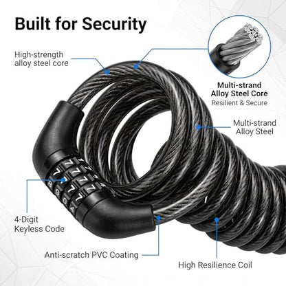 1 PC Motorcycle Helmet Lock, 150cm Retractable Steel Cable Lock, 4-digit Resettable Code Lock for Bike Luggage, Universal for Motorcycles, Scooters, Bikes (Black)