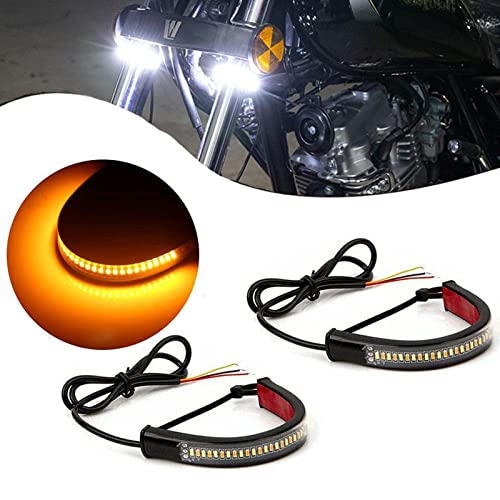 2Pcs Motorcycle LED Fork Turn Signal Blinkers Strip tail Lights Bars kit Lamps Daytime running lights Flexible Switchback Dual-Color White & Amber lights Universal Fit Motorbike (39mm-70mm)