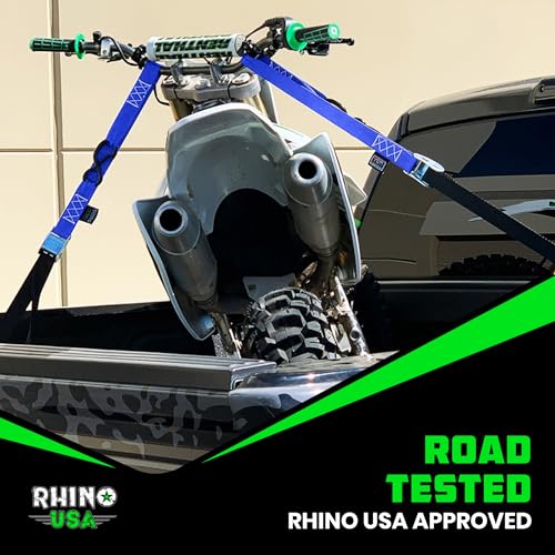 Rhino USA Motorcycle Tie Down Straps (2 Pack) Lab Inspected 2,200lb Break Strength, Steel Cambuckle Tiedown Set with Integrated Soft Loops - Better Than a Ratchet Strap (Blue 2-Pack) - color: Blue 2-Pack