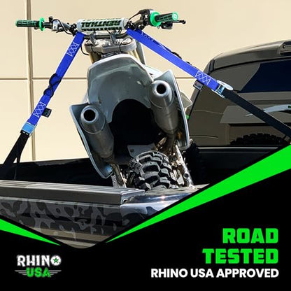 Rhino USA Motorcycle Tie Down Straps (2 Pack) Lab Inspected 2,200lb Break Strength, Steel Cambuckle Tiedown Set with Integrated Soft Loops - Better Than a Ratchet Strap (Blue 2-Pack) - color: Blue 2-Pack