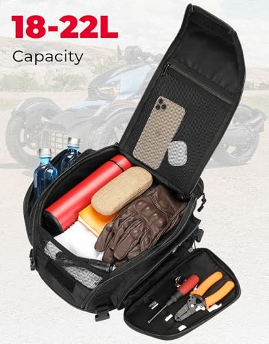 KEMIMOTO Tail Bag 18-22L Expandable Sissy bar Compatible with Can-Am Ryker 900/600/Sport/Rally Edition, 1680D Oxford+PU Leather Waterproof/6 Adjustable Straps,Luggage Seat Travel Rear Rack Bag