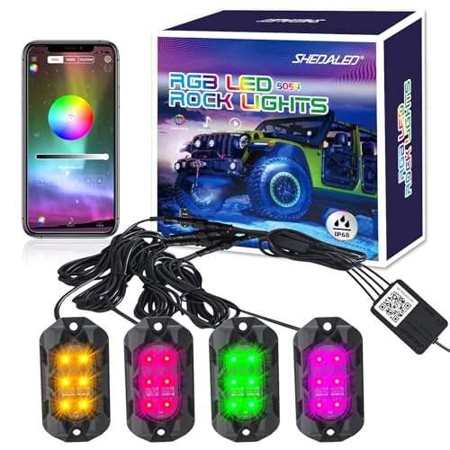 Car RGB LED Rock Lights Kit, 4 Pods High Bright Multilcolor Underglow Neon Lights with APP & Music Mode, IP68 Waterproof Rock Light for Trucks, Cars Decorative Accessories
