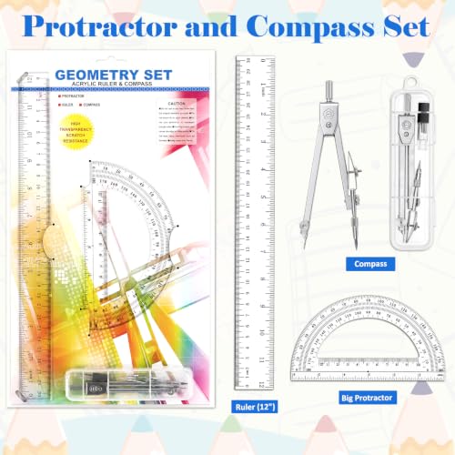 Coopay 3 Pcs Plastic 12 Inch Ruler, Clear Protractor and Compasses Set | Clear Ruler, Protractor and Compass set, Geometry, Durable, Drawing, Measuring, Math, Art, Classroom, School, Student - size: 3 Pcs Geometry Math Tool