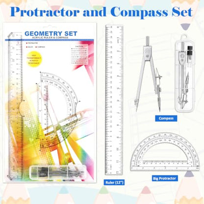 Coopay 3 Pcs Plastic 12 Inch Ruler, Clear Protractor and Compasses Set | Clear Ruler, Protractor and Compass set, Geometry, Durable, Drawing, Measuring, Math, Art, Classroom, School, Student - size: 3 Pcs Geometry Math Tool