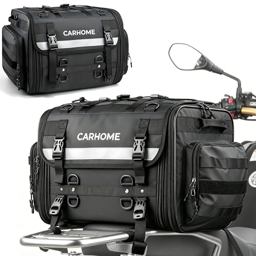 Motorcycle Tail Bag, 40L-60L Expandable Motorcycle Travel Luggage, Waterproof All-Weather Rear Seat Bag with Sissy Bar Straps & Rain Cover, Universal Trunk Rack Bag - Black