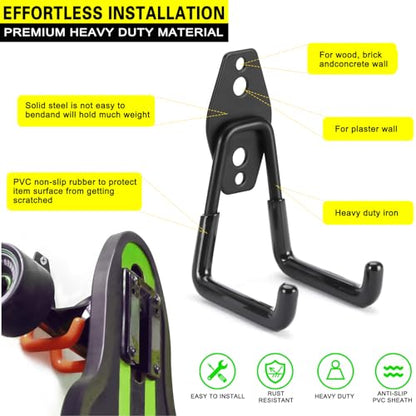 8 Pack Heavy Duty Garage Hooks Storage Organizer Wall Mount Power and Garden Tool Hangers, for Hanging Ladders, Ropes, Hose, Bulk Items - color: Black 8 pack