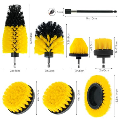 8 Pcs Drill Brush Attachment Set, Power Cleaning Scrub Brush Kit with Extend Long Attachment, All Purpose Drill Scrub Brushes for Car, Grout, Floor, Tub, Bathroom and Kitchen (Yellow) - color: Yellow