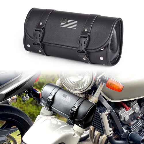 Goldfire Motorcycle Fork Bag PU Leather Handlebar Tool Pouch Sissy Bar Roll Bag with 2 Extra Strength Straps (Black-flag) - color: Black-flag