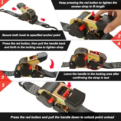 2 Pack 2 Inch Retractable Ratchet Straps Heavy Duty 15ft Self Retracting Tie Down Straps with S Hook, 3310 LBS Break Strength, AutoRetract Ratchet Straps for Motorcycle, Kayak, ATVs, Boats