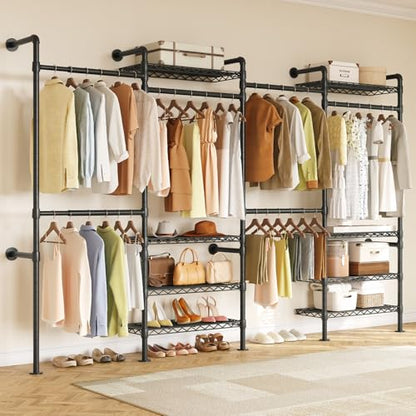 ONBRILL H4 Wall Mounted Closet System, Expandable Industrial Pipe Clothes Rack Clothing Rack for Hanging Clothes, Heavy Duty Closet Organizers and Storage in Wardrobe Closet - color: Black