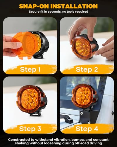 Auxbeam P4 Series 4 Inch Deep Amber Light Covers 2300K Dark Amber Tint Round Off-Road Light Lens Cap LED Pods Covers Reduce Glare for Fog & Dust Low Visibility, 2 Packs - color: P4 Series 4" Amber Covers