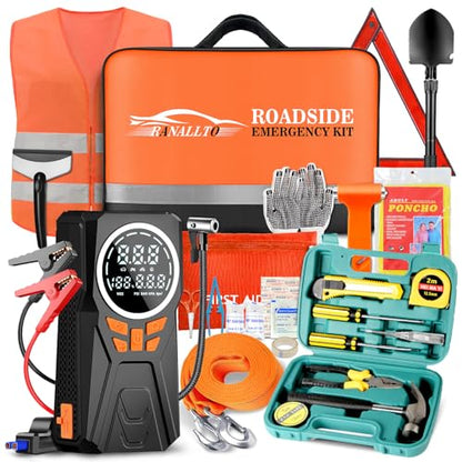 Car Emergency Kit with Jumper Starter and Air Compressor, Roadside Emergency Tool Kit for Truck Venicle Auto, Men Women Winter Travel Road Side Safety Essential Survival Bag with First Aid Kit