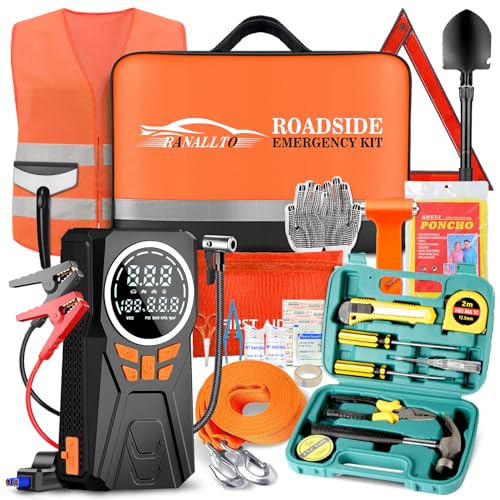 Car Emergency Kit with Jumper Starter and Air Compressor, Roadside Emergency Tool Kit for Truck Venicle Auto, Men Women Winter Travel Road Side Safety Essential Survival Bag with First Aid Kit