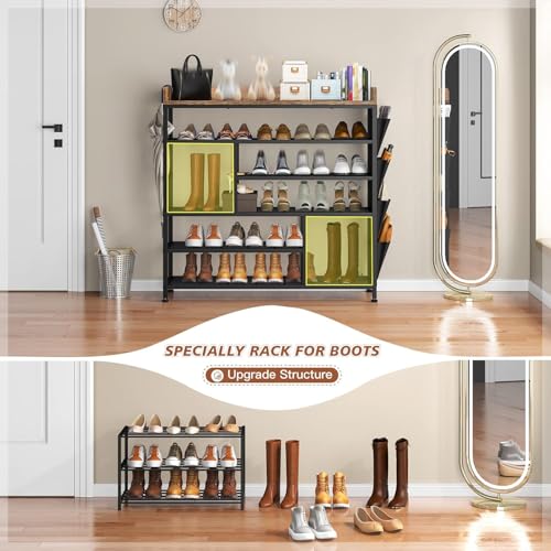 EnHomee Shoe Rack for Entryway, 6 Tier Shoe Organizer with Adjustable Shelves, 22 Pairs, Shoe Shelf with Wooden Top and Side Pocket for Closet, Entryway, Living Room, Rustic Brown & Black