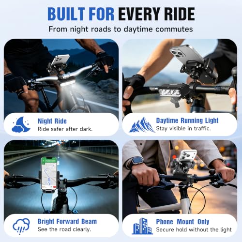 2026 NEW Bike Phone Holder, 2-in-1 Detachable Bike Light & Motorcycle Phone Mount Holder, IPX5 Rechargeable Bicycle Headlight, Adjustable for iPhone 17 16 15 Pro Max, Galaxy and 4-6.5" Phone