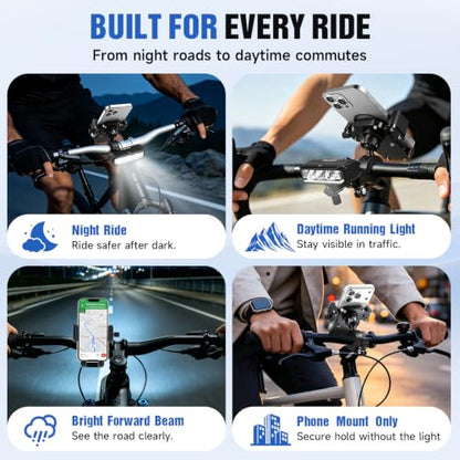 2026 NEW Bike Phone Holder, 2-in-1 Detachable Bike Light & Motorcycle Phone Mount Holder, IPX5 Rechargeable Bicycle Headlight, Adjustable for iPhone 17 16 15 Pro Max, Galaxy and 4-6.5" Phone