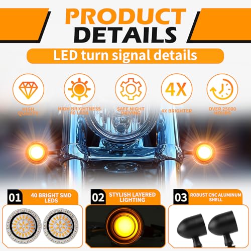 DREAMIZER Motorcycle Led Turn Signal Lights 2pcs,Bullet Blinker Motorcycle Front Rear Lights W/Running Light Universal Compatible with Harley Honda Suzuki Triumph Yamaha Bobber Cafe Racer Chopper - color: A-Front/Black shell + yellow-white light