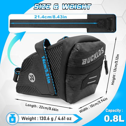 BUCKLOS Bike Saddle Bag, 0.8L Water Resistant Under Seat Bag, 3D Shell 600D Polyester Cycling Wedge Pack with Reflective Strips & Taillight Hanger for Mountain & Road Bikes, Black