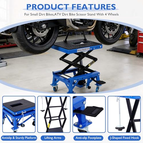 Hydraulic Motorcycle Lift Table, 350 lbs Capacity Scissor Jack Lift with Wide Deck, J-Hooks, 4 Wheels, Foot-Operated Jack Stand for ATV Dirt Bikes (Blue) - color: Blue