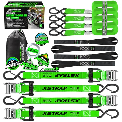 XSTRAP STANDARD 4PK Motorcycle Ratchet Straps, 1" x 15ft, 2,200 lbs Break Strength Tie Down Straps with Safety Lock S-Hooks, Soft Loop Straps and Stickers for Trucks, Cargo, Moving (Green) - size: Green-2200 lbs-4Loops