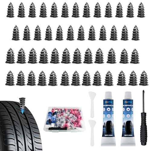 Tire Repair Rubber Nails Kit, 50 PCS Screw in Tire Repair Plugs Kit with 2 Sizes, Portable Emergency Tubeless Tire Repair Kit for Cars, SUVs, Motorcycles and ATVs (25S+25L+20ML+1Screwdriver) - size: 25S+25L+20ML+1Screwdriver