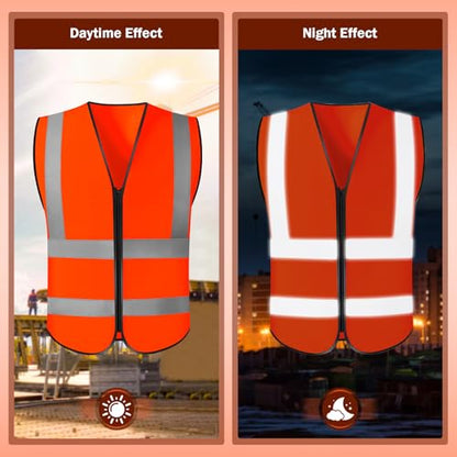CHGANG Safety Vest, Reflective Hi Vis Vest with Zipper, High Visibility vest for Construction, Traffic - color: Orange