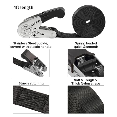 Ayaport Endless Ratchet Tie Down Straps Heavy Duty Cargo Tie Downs, 4FT Stainless Sturdy Nylon Black Strap Down Ratcheting Securing Straps, Tie-Down Motorcycles, Trailer Loads, Kayak (2pcs) - size: 1"x4'-2pcs-Stainless