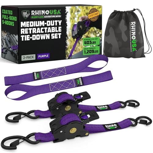 Rhino USA Retractable Ratchet Straps (2-Pack) - 1 Inch x 10 Feet (1,209lb Break Strength) - Auto Self Retracting Tie Down Straps for Truck, Cargo Trailer, Motorcycle, ATV, UTV - Purple - color: Purple, size: 2 Pack