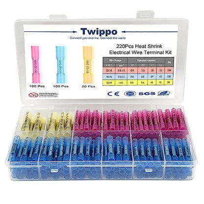 220Pcs Butt Terminal Connectors, Waterproof Heat Shrink Wire Connectors, Automotive Electrical Connector Terminals Kit, Crimp Connectors (22-10 Gauge) - size: 220pcs-butt connector
