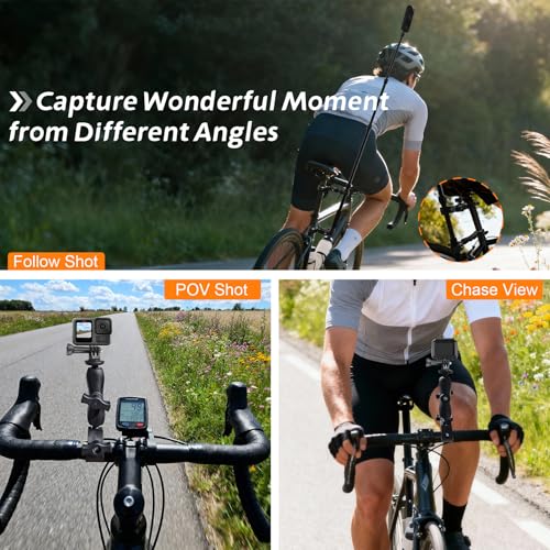 Motorcycle Mount for Insta 360 X5 X4 X3, for DJI Osmo & GoPro Cameras, Bike Handlebar Camera Mounts with 59" Invisible Selfie Stick Bundle Kit for Motorcycle Bike Riding