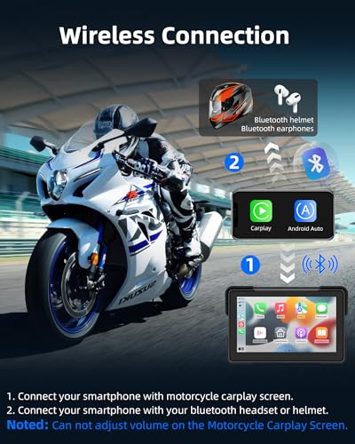 7 Inch Motorcycle Carplay Motorcycle w Dual 2K Dash Camera Wireless Apple Carplay Android Auto Screen with GPS Navigation for Motorcycles Voice Control Light Sensor Bluetooth IP67 Waterproof