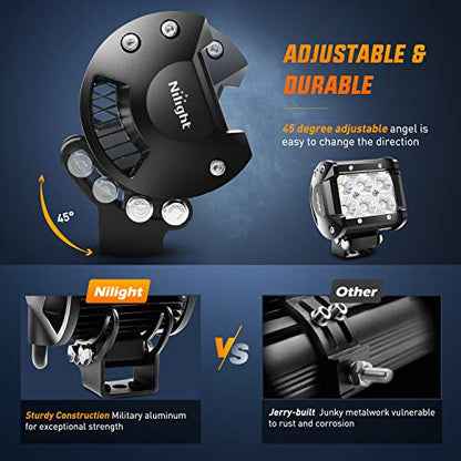 Nilight 2PCS 4Inch 18W Flood LED Pods Universal Adjustable Pillar Hood Off Road Led Work Light with Mount Bracket Wiring Harness-2 Leads, 2 Years Warranty - color: Led Pods+Wiring Harness+Pillar Hood Bracket