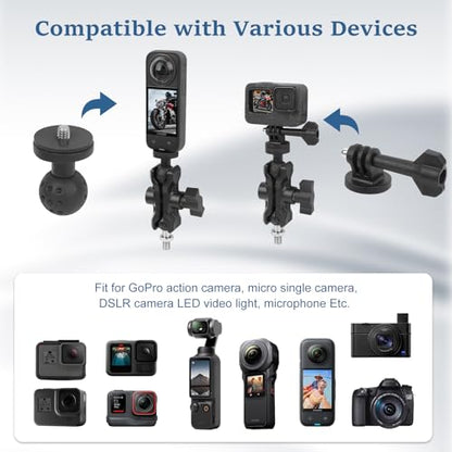 Camera Mount with 360°Dual Ball Head, Motorcycle Handlebar Mounting Bundle Kit for lnsta360 X5/X4/Gopr0 DJl Action 5/, 1/4"-20 & Tripod Adapter, Action Camera Mount Adapter for M10 Hole Base,75019 - style: M10 Action Camera Mount Kit