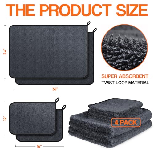 Bolant 4 Pack Twisted Loop Car Drying Towel, Microfiber Towels for Cars 24"x36", Reusable Shammy Quick Dry Cloth for Carwash, for Auto, Boat, RV, Garage & Home - color: Gray