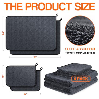 Bolant 4 Pack Twisted Loop Car Drying Towel, Microfiber Towels for Cars 24"x36", Reusable Shammy Quick Dry Cloth for Carwash, for Auto, Boat, RV, Garage & Home - color: Gray