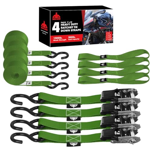 Jack Boss Ratchet Tie Down Straps Set,1500 lbs Break Strength, 1" x 15' Heavy Duty Ratchet Straps with 4X Soft Loops Padded Handles Coated S Hook, Fits for Moving Appliances Motorcycle ATV Truck,Green - color: Green