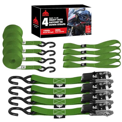 Jack Boss Ratchet Tie Down Straps Set,1500 lbs Break Strength, 1" x 15' Heavy Duty Ratchet Straps with 4X Soft Loops Padded Handles Coated S Hook, Fits for Moving Appliances Motorcycle ATV Truck,Green - color: Green