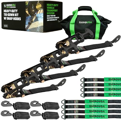 Rhino USA Car Tie Down Straps for Trailers with Snap Hooks (4-Pack) -2" x8' (10,000lb Break Strength) - Heavy Duty T-Handle Car Hauler Tire and UTV Axle Straps, Powersports & More - Black - color: Black, size: Snap Hook