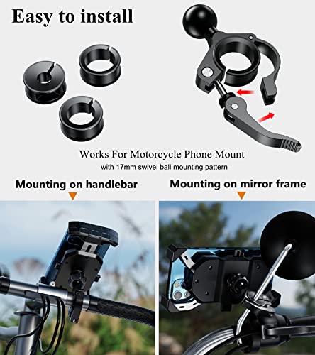 BRCOVAN 17mm Ball Handlebar Clamp Mount Base, Fit for Round Rails 0.5'' / 0.875'' / 1'' / 1.125'' / 1.26'' in Diameter, Tool-Free Installation