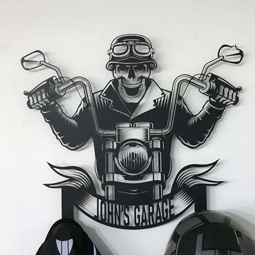 Custom Metal Skull Garage Wall Hanger – Personalized “Your Name Garage” Helmet and Jacket Rack – Handmade Laser Cut Black Steel Wall Art for Motorcycle Lovers Gift (79X89cm/31X40 Inches) - size: 79X89cm/31X40 Inches