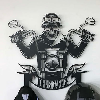 Custom Metal Skull Garage Wall Hanger – Personalized “Your Name Garage” Helmet and Jacket Rack – Handmade Laser Cut Black Steel Wall Art for Motorcycle Lovers Gift (79X89cm/31X40 Inches) - size: 79X89cm/31X40 Inches