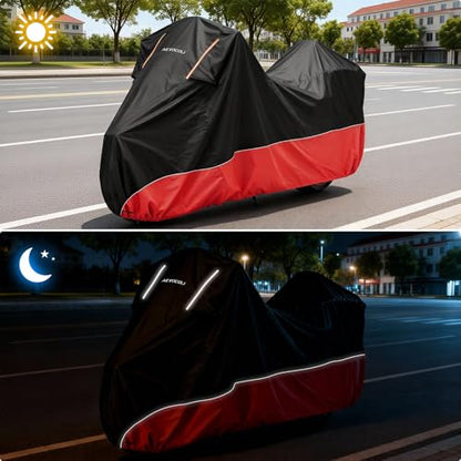 Waterproof Motorcycle Cover 420D Oxford Heavy Duty with Side Top Box Compatible with Harley Davidson Touring Ultra Limited Street Glide Road Glide Electra Glide (116" x 47" x 53") - color: Red