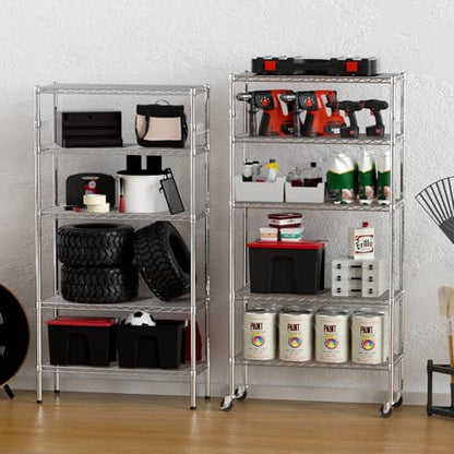 YNN Storage Shelves,1750Lbs 5 Tier Heavy Duty Metal Rolling Shelving Unit with Wheels & 8 Hooks, Adjustable Garage Wire Rack for Kitchen, Bathroom,Industrial,Pantry(36" W x 14" D x 72" H, Chrome) - size: 36"x14"x72" 5-Tier